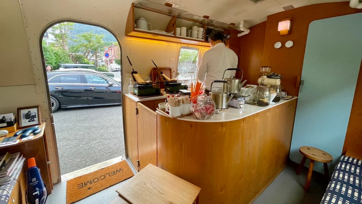 Coffee bar in a remodeled car trailer