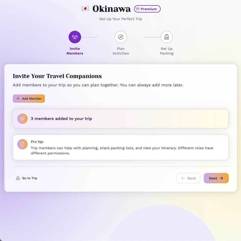 Trip wizard guiding you through setup steps