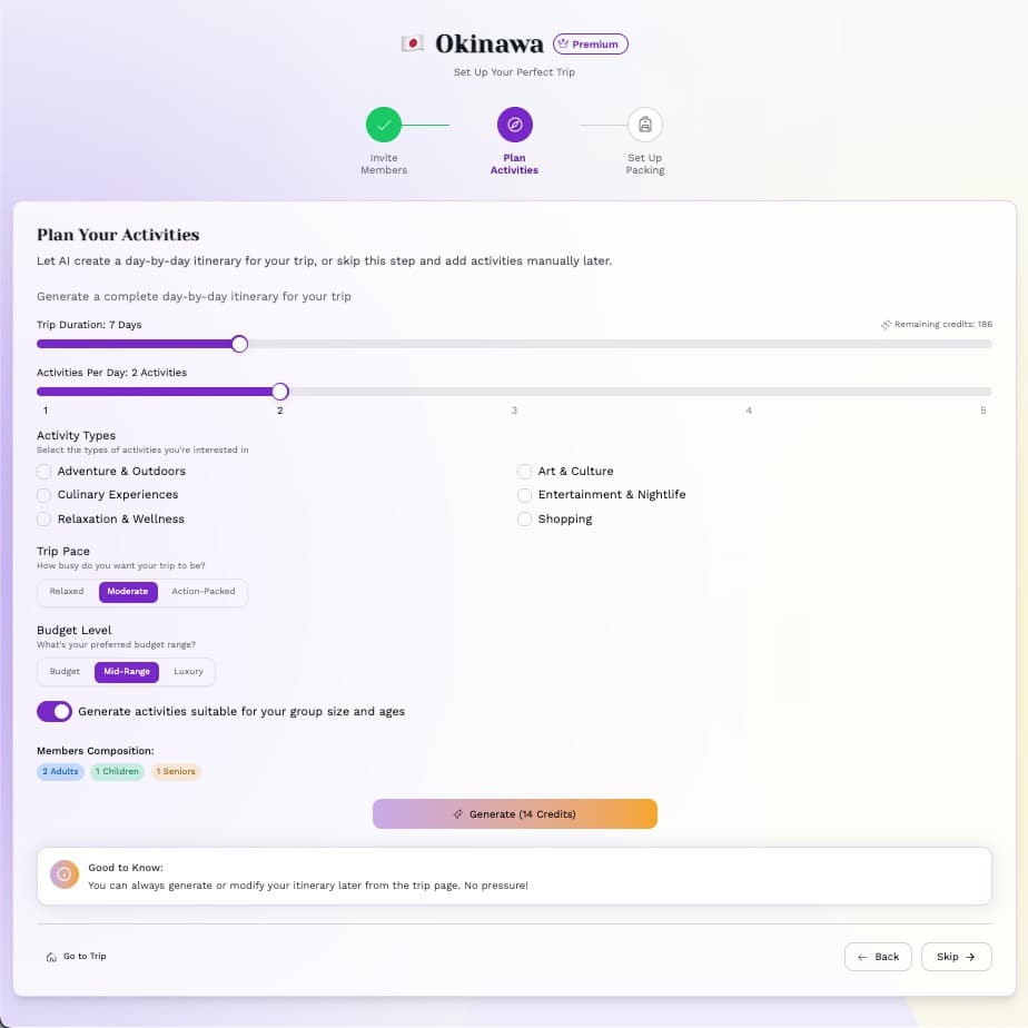 AI itinerary generation with personalization options