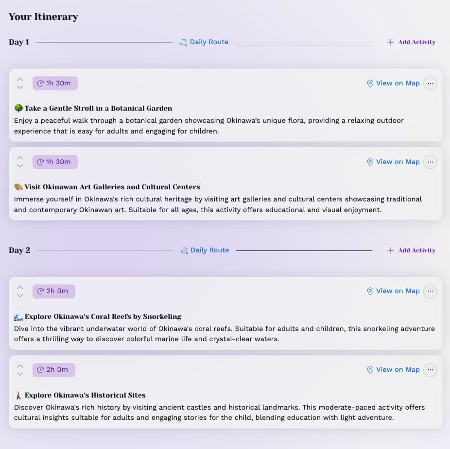 Complete generated day-by-day trip itinerary