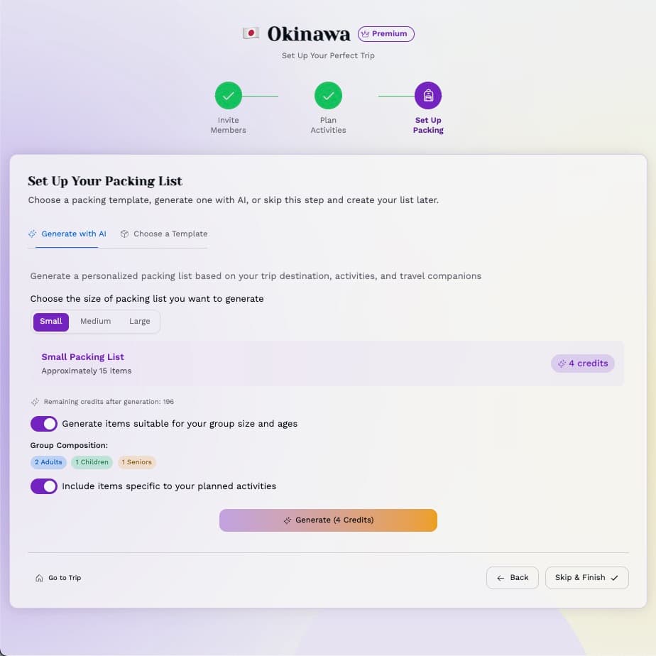 Smart packing list with AI recommendations